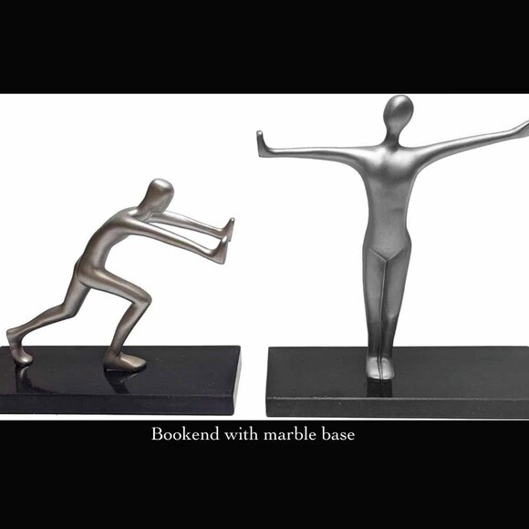 METALLIC FINISH RESIN FIGURE W POLISHED BLACK STONE BASE BOOK ENDS 8” X 9” - Picture 1 of 5